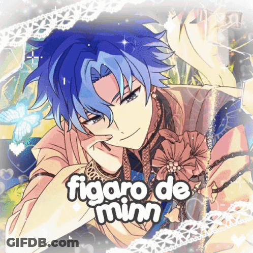 A Picture Of A Boy With Blue Hair And The Words Figaro De Ninn Above Him GIF