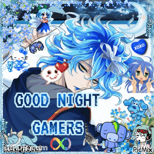 A Picture Of A Boy With Blue Hair And The Words Good Night Gamers On It GIF