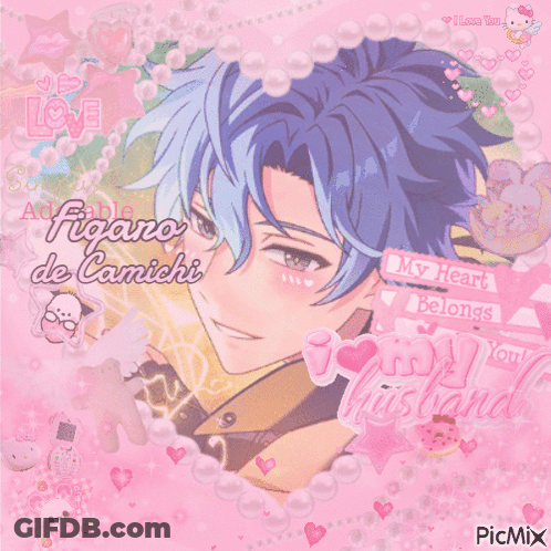 A Picture Of A Boy With Blue Hair And The Words " My Heart Belongs To You " GIF