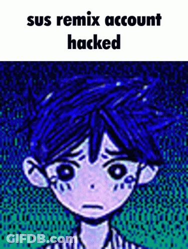 A Picture Of A Boy With Blue Hair And The Words " Sus Remix Account Hacked " GIF