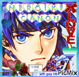 A Picture Of A Boy With Blue Hair Is Surrounded By Hearts And Says Mercike Canon GIF