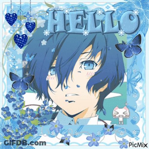 A Picture Of A Boy With Blue Hair Surrounded By Blue Flowers And The Word Hello GIF