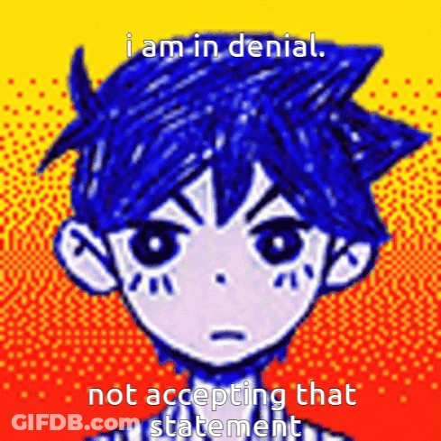 A Picture Of A Boy With Blue Hair That Says I Am In Denial GIF