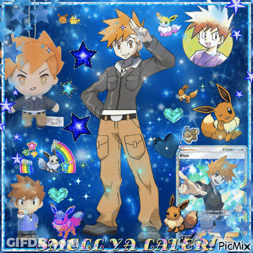 Boy With Eevee And Blue Trainer Card GIF