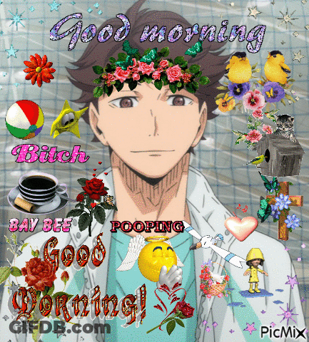 A Picture Of A Boy With Flowers On His Head And The Words Good Morning GIF