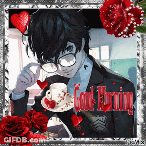 A Picture Of A Boy With Glasses And A Cup Of Coffee With The Words Good Morning On It GIF