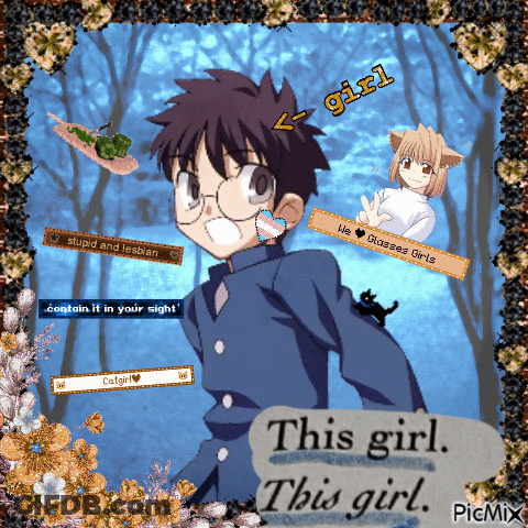 A Picture Of A Boy With Glasses And The Words " This Girl " On The Bottom GIF