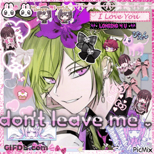 A Picture Of A Boy With Green Hair And Purple Eyes With The Words " Don T Leave Me " On The Bottom GIF