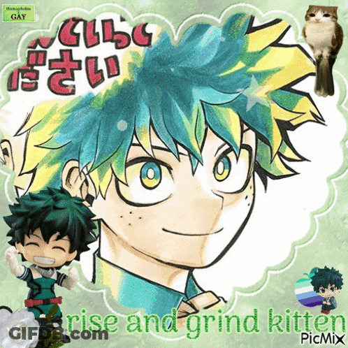 A Picture Of A Boy With Green Hair And The Words Rise And Grind Kitten GIF