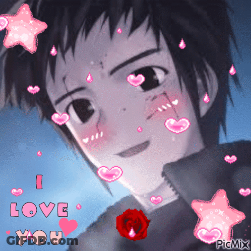 A Picture Of A Boy With Hearts And The Words I Love You Above Him GIF