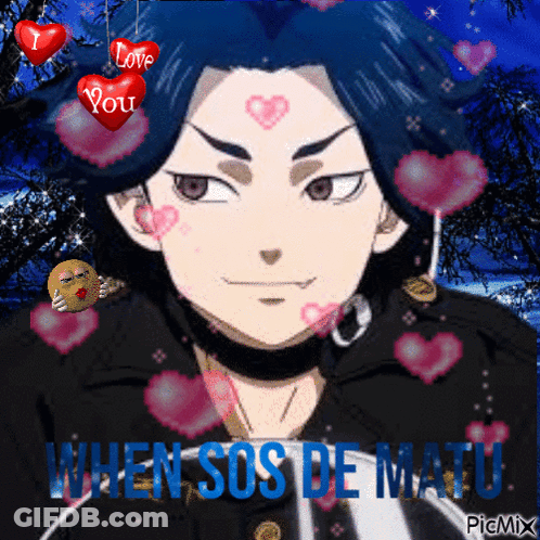 A Picture Of A Boy With Hearts Around Him And The Words " When Sos De Matu " On The Bottom GIF