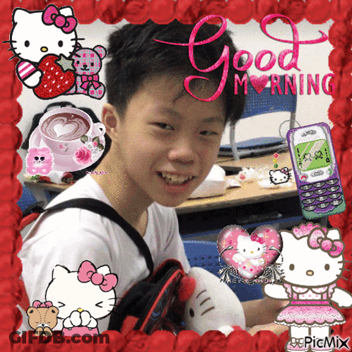 A Picture Of A Boy With Hello Kitty On It And The Words Good Morning GIF