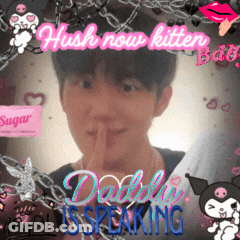 A Picture Of A Boy With His Finger On His Lips And The Words Hush Now Kitten GIF