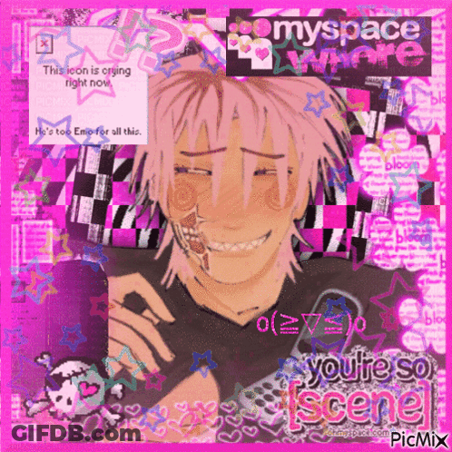 A Picture Of A Boy With Pink Hair And A Skeleton On His Face With The Words " You 'Re So Scene " On The Bottom GIF