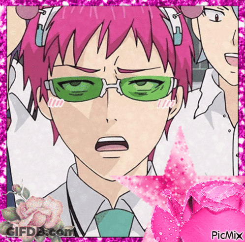 A Picture Of A Boy With Pink Hair And Green Glasses Is Surrounded By Pink Glitter And A Pink Rose GIF