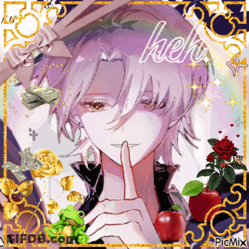 A Picture Of A Boy With Purple Hair And The Word Heh GIF