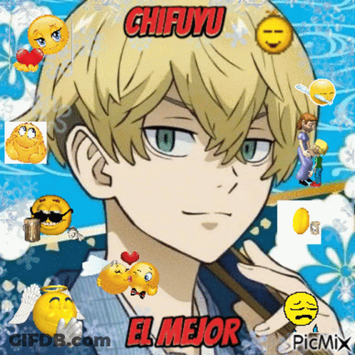 A Picture Of A Boy With Smiley Faces Around His Head And The Words Chifuyu El Mejor GIF