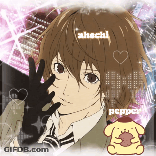 A Picture Of A Boy With The Name Akechti And Pepper On It GIF