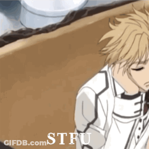 A Picture Of A Boy With The Word Stfu Written On It GIF