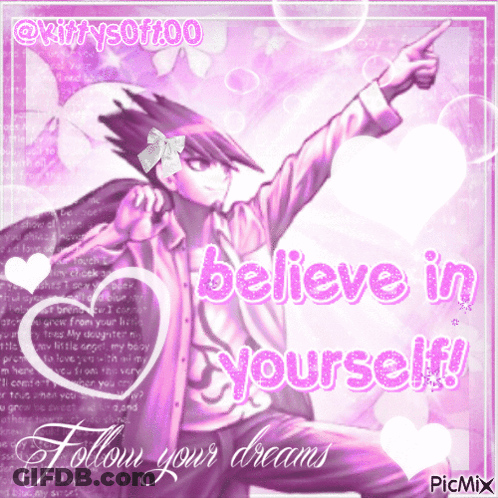 A Picture Of A Boy With The Words " Believe In Yourself " Written On It GIF
