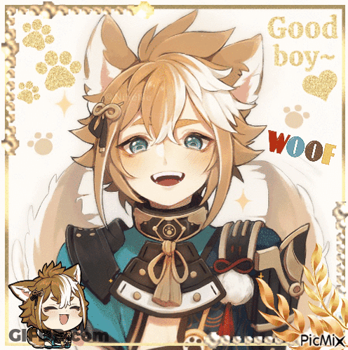 A Picture Of A Boy With The Words Good Boy Woof GIF