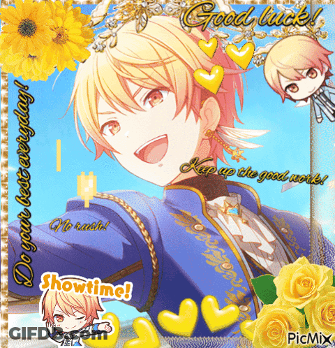 A Picture Of A Boy With The Words Good Luck And Showtime GIF