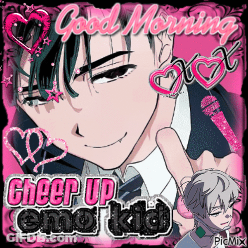 A Picture Of A Boy With The Words " Good Morning Cheer Up Emo Kid " GIF