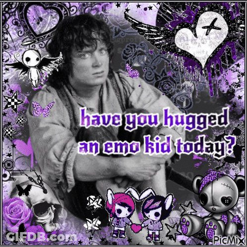 A Picture Of A Boy With The Words " Have You Hugged An Emo Kid Today " On It GIF