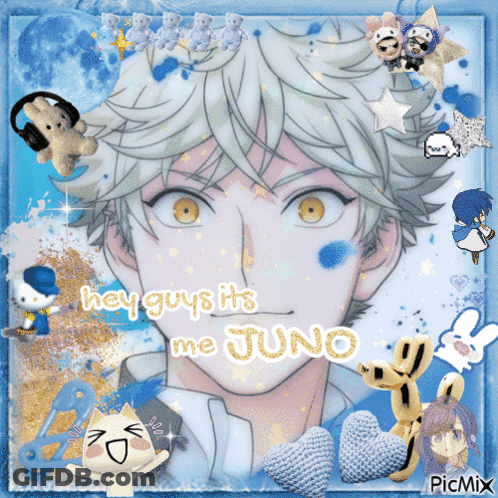 A Picture Of A Boy With The Words Hey Guys Its Me Juno On It GIF