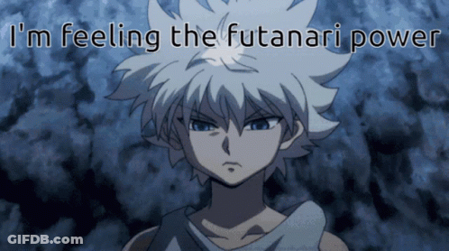 A Picture Of A Boy With The Words " I 'M Feeling The Futanari Power " On It GIF
