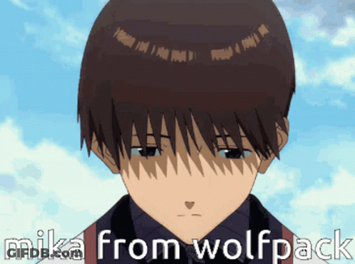 A Picture Of A Boy With The Words Mika From Wolfpack Written Below Him GIF
