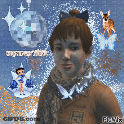 A Picture Of A Boy With The Words One Crazy Chick Written On The Bottom GIF