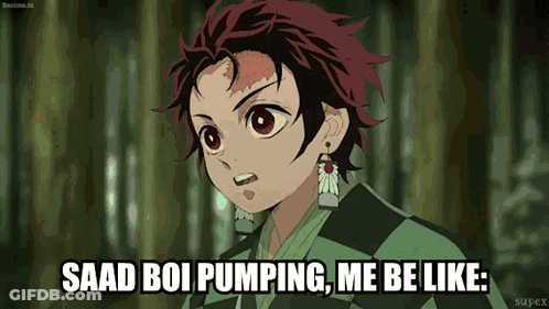 A Picture Of A Boy With The Words " Saad Boi Pumping Me Be Like " On The Bottom GIF