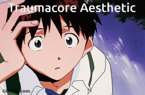 A Picture Of A Boy With The Words Traumacore Aesthetic Above Him GIF