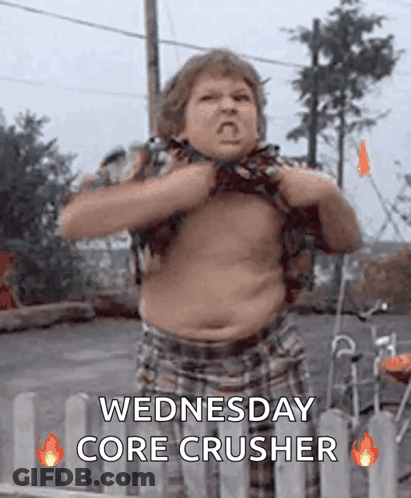 A Picture Of A Boy With The Words Wednesday Core Crusher Written On It GIF