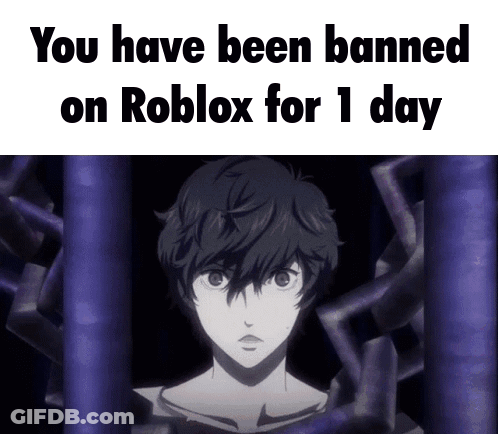 A Picture Of A Boy With The Words " You Have Been Banned On Roblox For 1 Day " Below It GIF