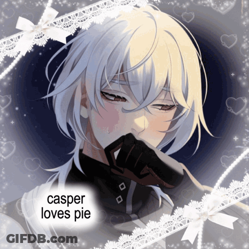 A Picture Of A Boy With White Hair And The Words Casper Loves Pie On The Bottom GIF