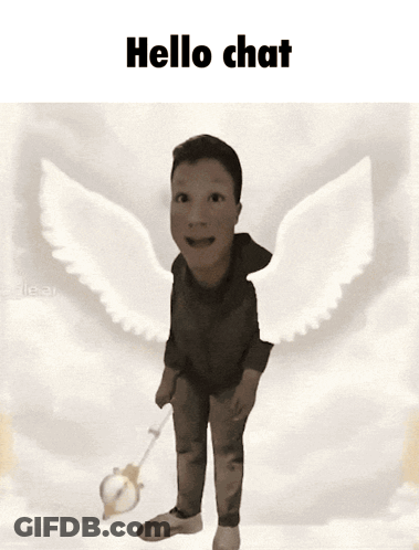 A Picture Of A Boy With Wings And The Words Hello Chat Above Him GIF