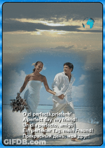 A Picture Of A Bride And Groom Holding Hands On A Beach With A Poem In Another Language GIF