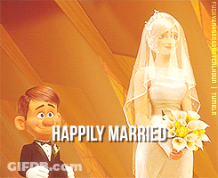 A Picture Of A Bride And Groom With The Words Happily Married Below Them GIF