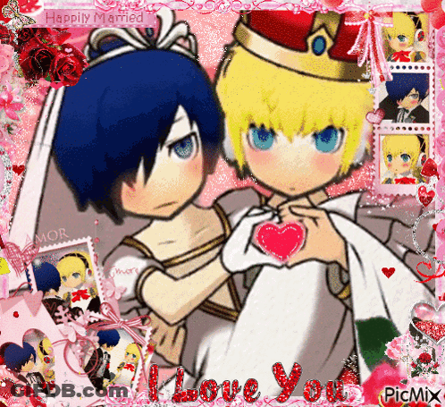 A Picture Of A Bride And Groom With The Words " Happily Married " On The Top GIF