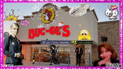 A Picture Of A Bug-Ee 'S Store With Aliens And A Woman In Front Of It GIF