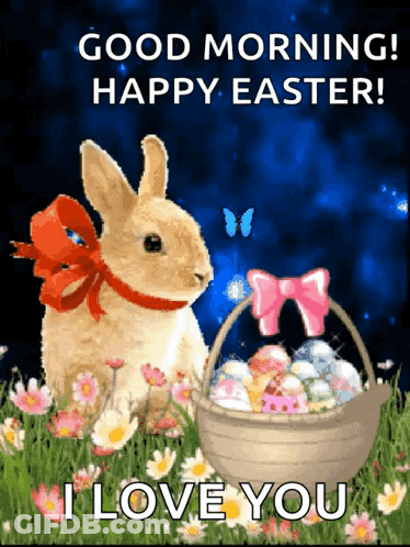 A Picture Of A Bunny And A Basket Of Easter Eggs GIF