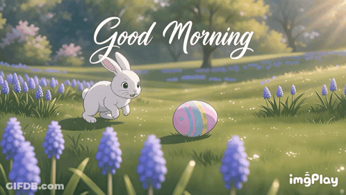 A Picture Of A Bunny And An Easter Egg With The Words " Good Morning " Below It GIF