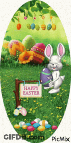 A Picture Of A Bunny Holding An Easter Egg And A Sign That Says " Happy Easter " GIF
