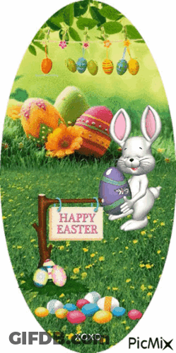 A Picture Of A Bunny Holding An Easter Egg With A Sign That Says Happy Easter GIF