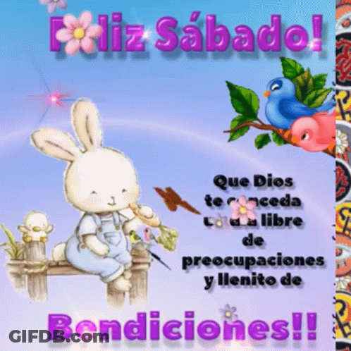 A Picture Of A Bunny Sitting On A Fence With The Words Bendiciones Written On It GIF