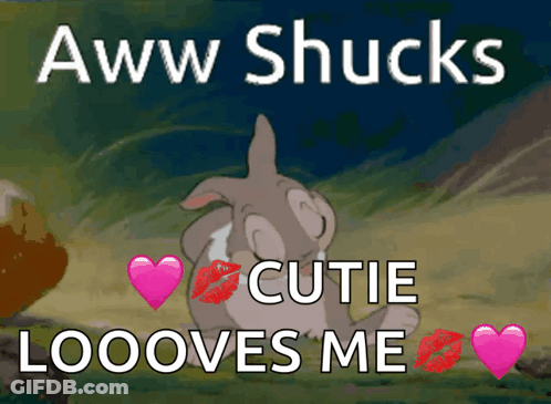 A Picture Of A Bunny With The Words " Aww Shucks Cutie Loooves Me " On It GIF