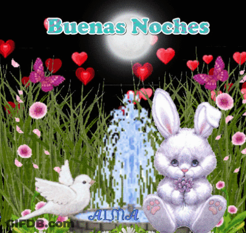 A Picture Of A Bunny With The Words Buenas Noches Written Above It GIF