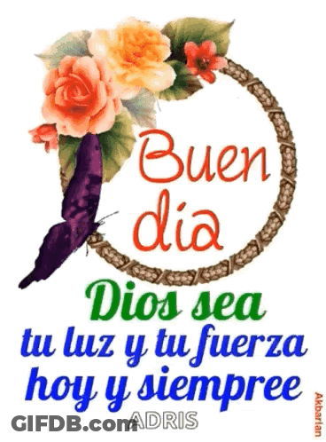 A Picture Of A Butterfly And Flowers With The Words " Buen Dia Dios Sea Tu Luz Y Tu Fuerza Hoy Y Siempre " GIF